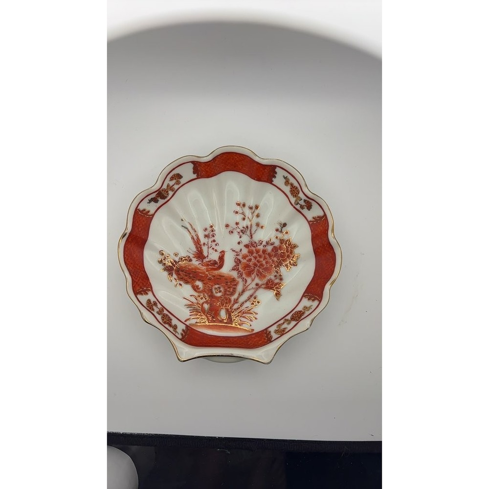 Vintage La Maison Japonaise Porcelain Scalloped Dish Red Gold Floral Bird Design